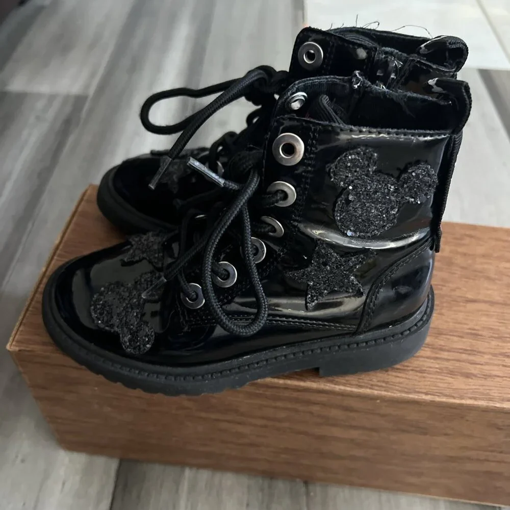 Zara Disney Mickey Mouse Boots   Side Zip Lace Front Girls Black US 11 EU 28